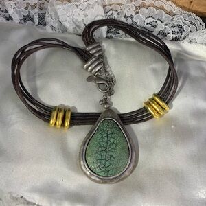 Chico's Green and Silver Pendant Necklace with Gold Rings